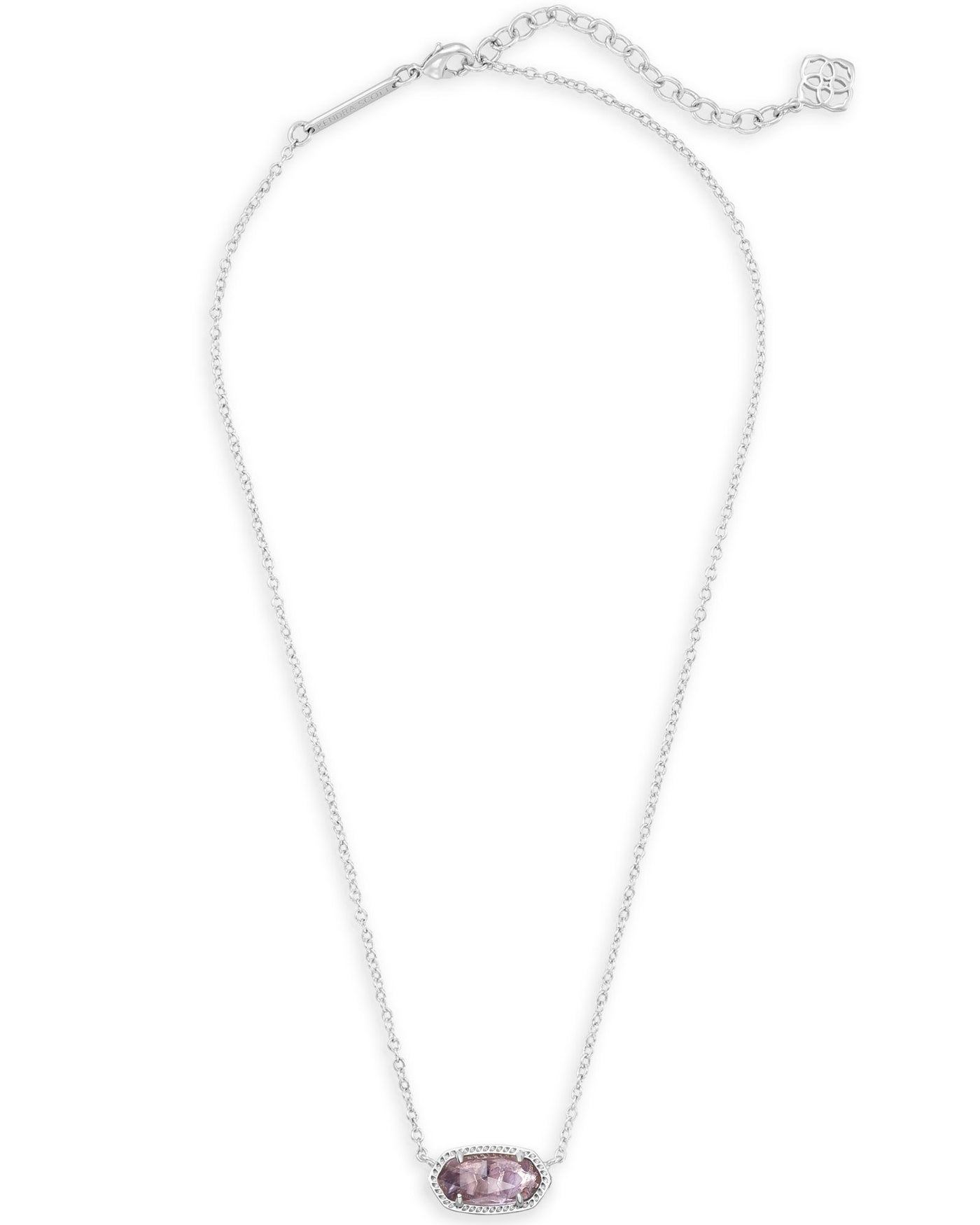 Kendra Scott Elisa Pendant Necklace Silver Purple Amethyst on white background, full front view.