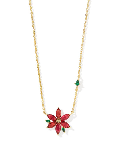 Gold necklace with red and green crystal poinsettia pendant, closeup front view.