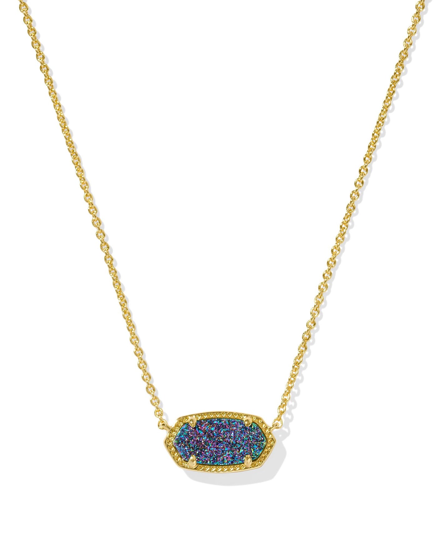 Gold Necklace with green and purple drusy pendant, closeup front view.