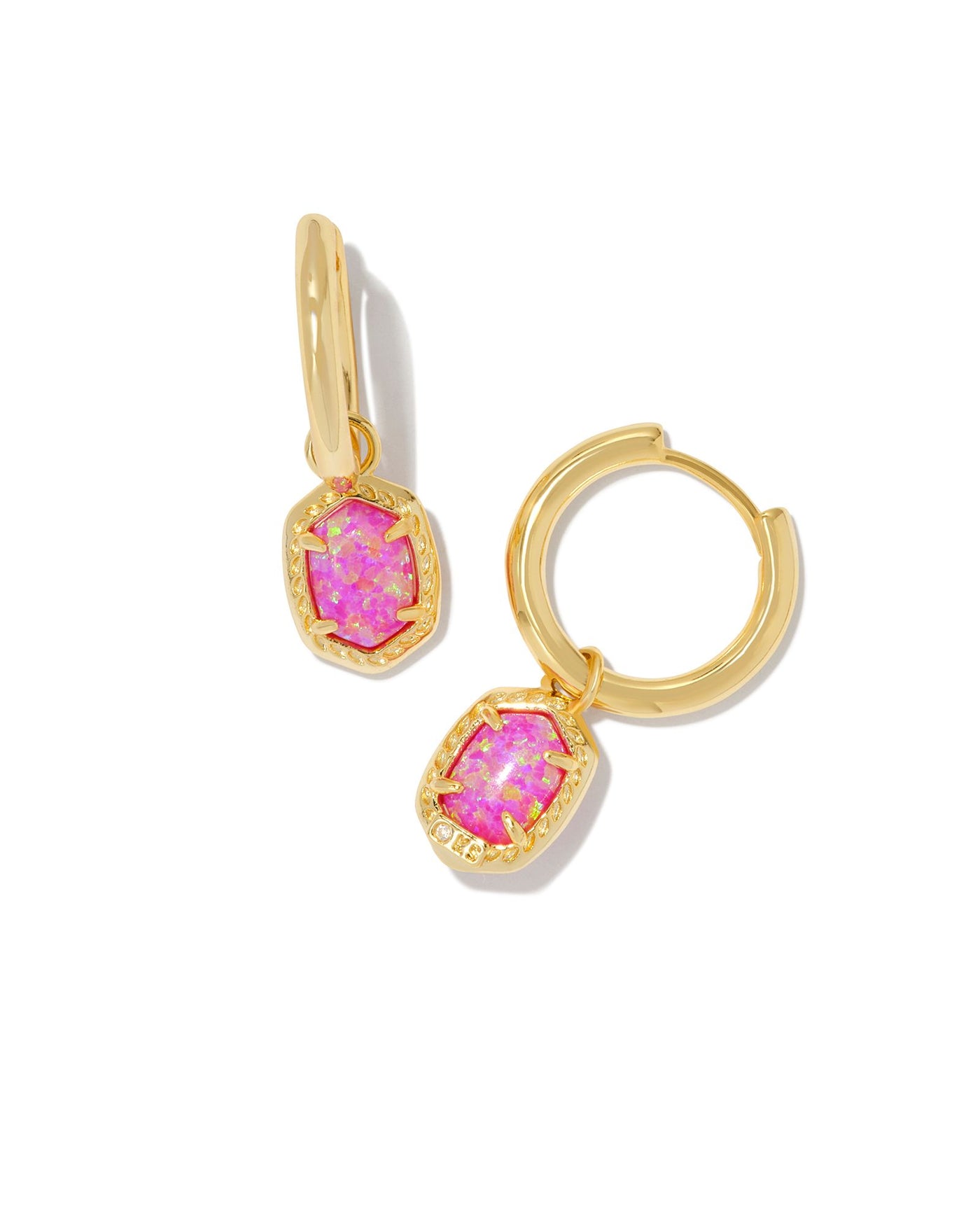 Kendra Scott Daphne Framed Huggie Earrings in Gold Magenta Kyocera Opal on white background.