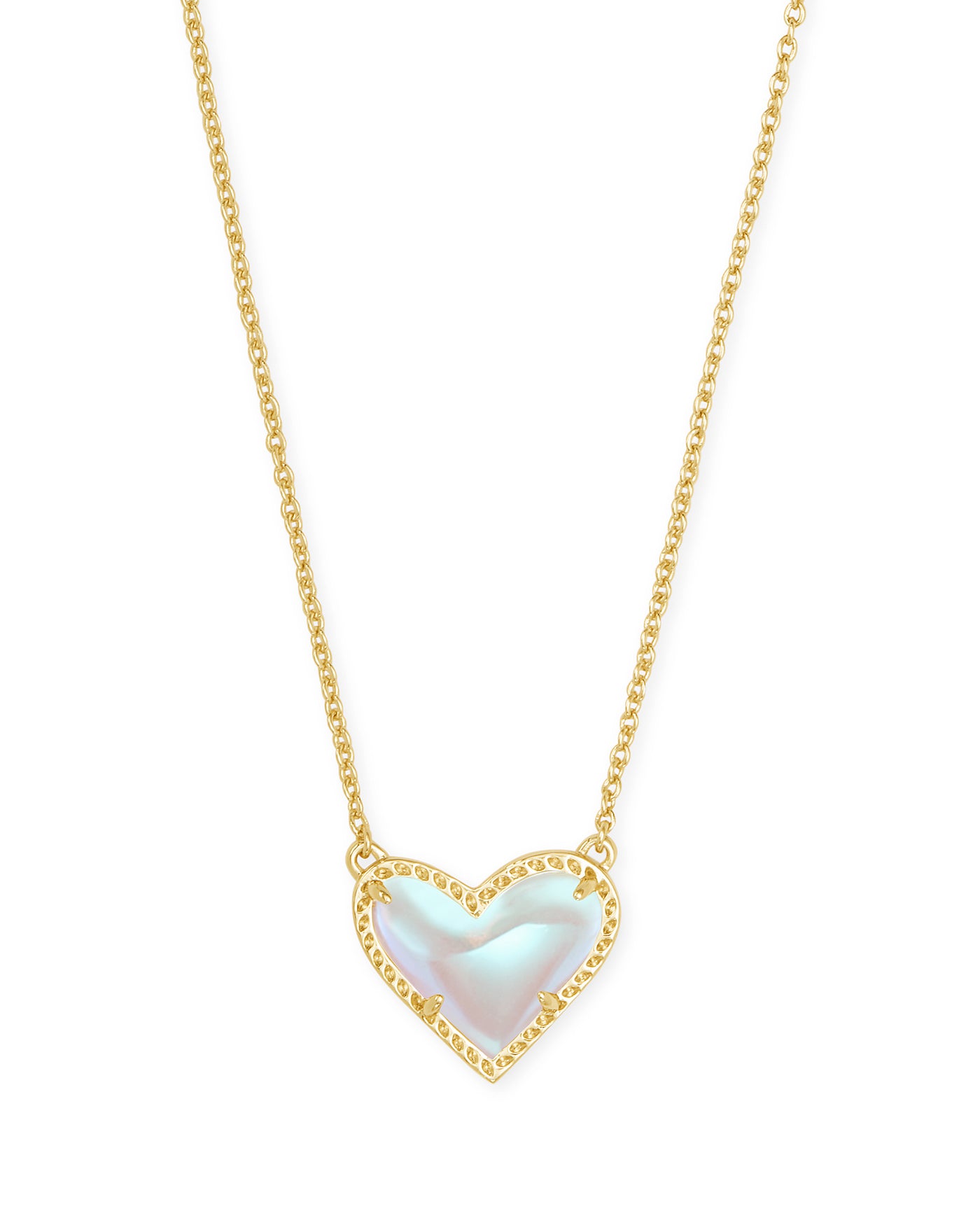 Ari Heart Pendant Necklace Gold Dichroic Glass on white background, front view.