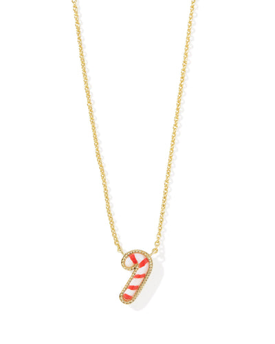 Gold necklace with red and white striped candy cane pendant, closeup front view.