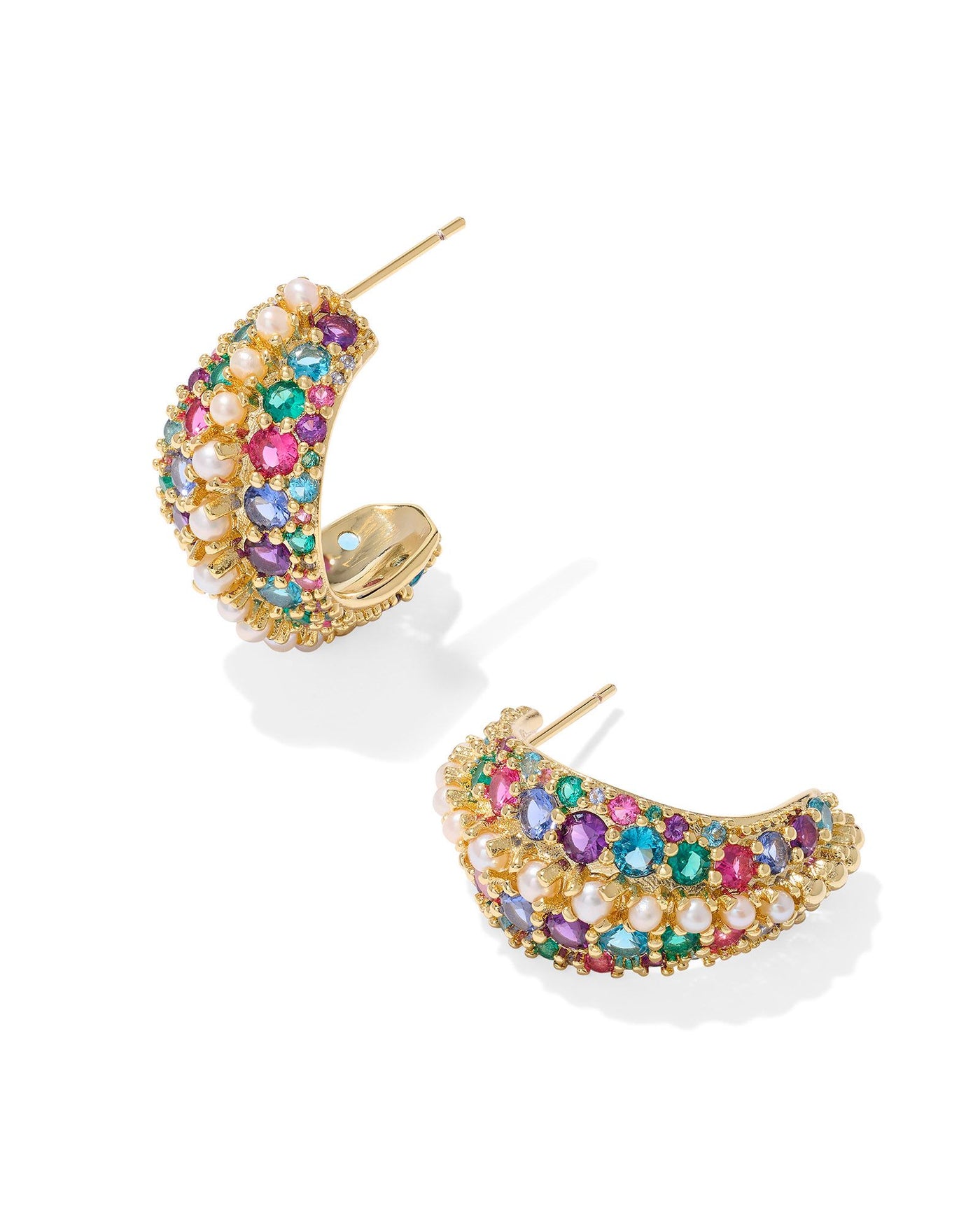 Multi-color crystal and freshwater pearl studded gold crescent hoops.