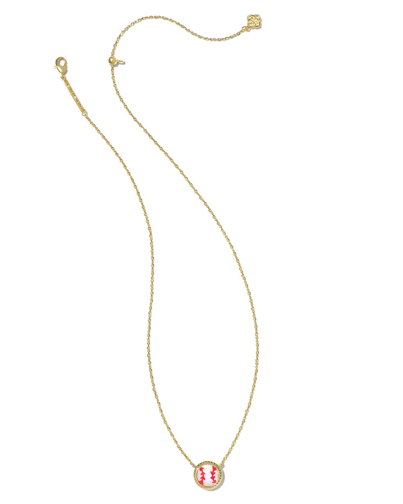 Kendra Scott Baseball Pendant Necklace in Gold on white background full view.