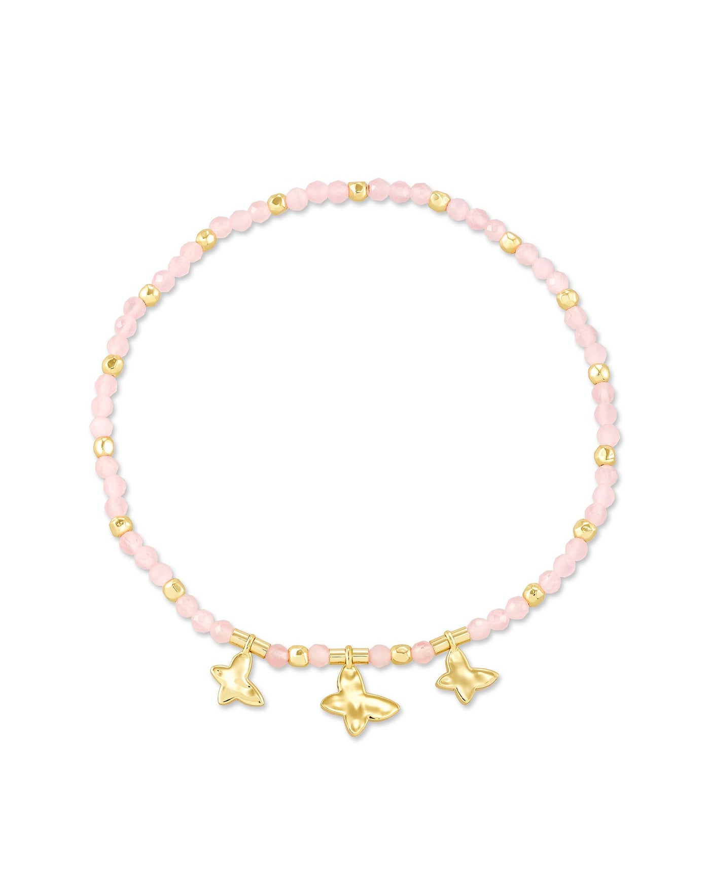 Gold and pink beaded stretch bracelet with gold butterfly charms.