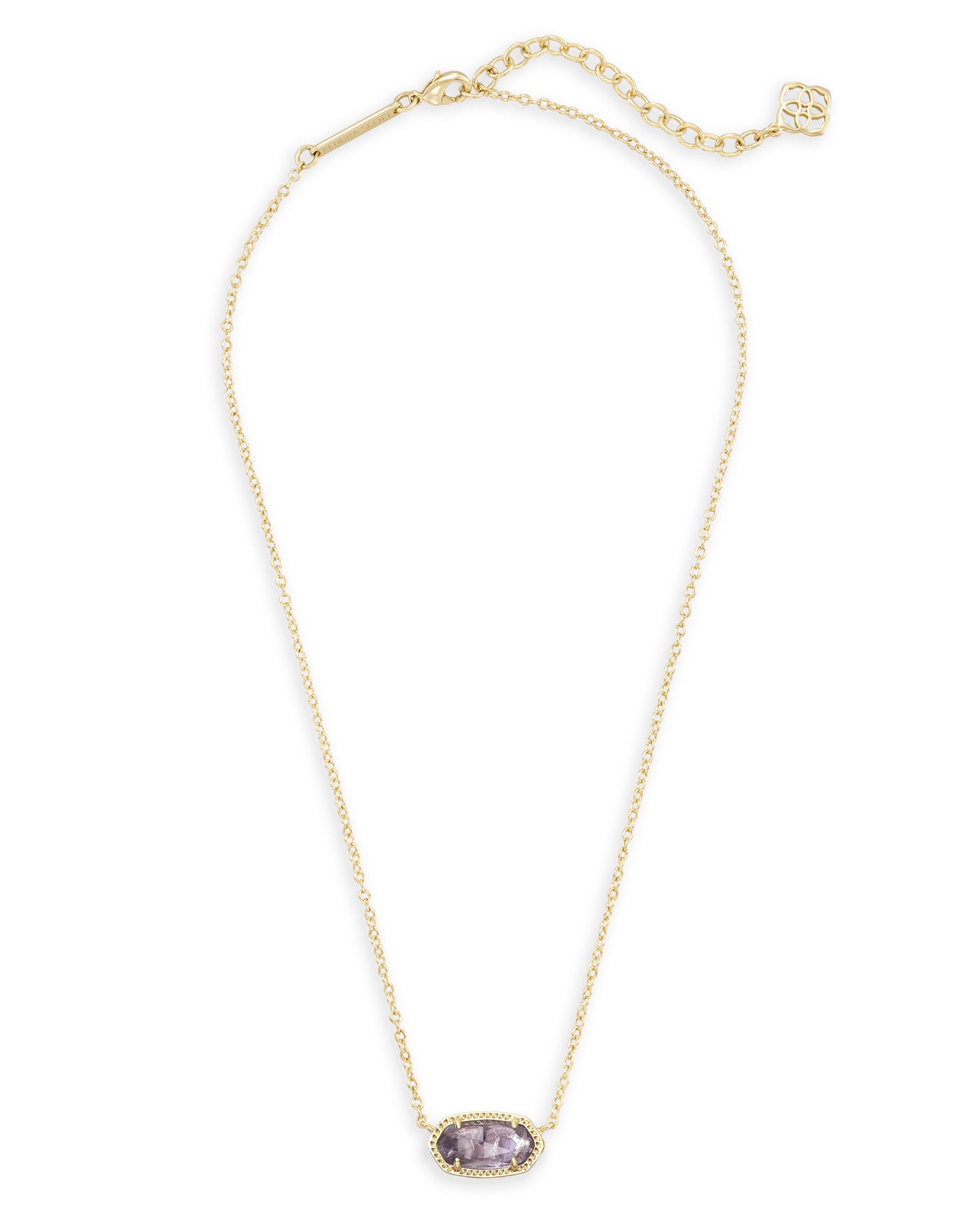 Kendra Scott Elisa Pendant Necklace Gold Purple Amethyst on white background full front view.