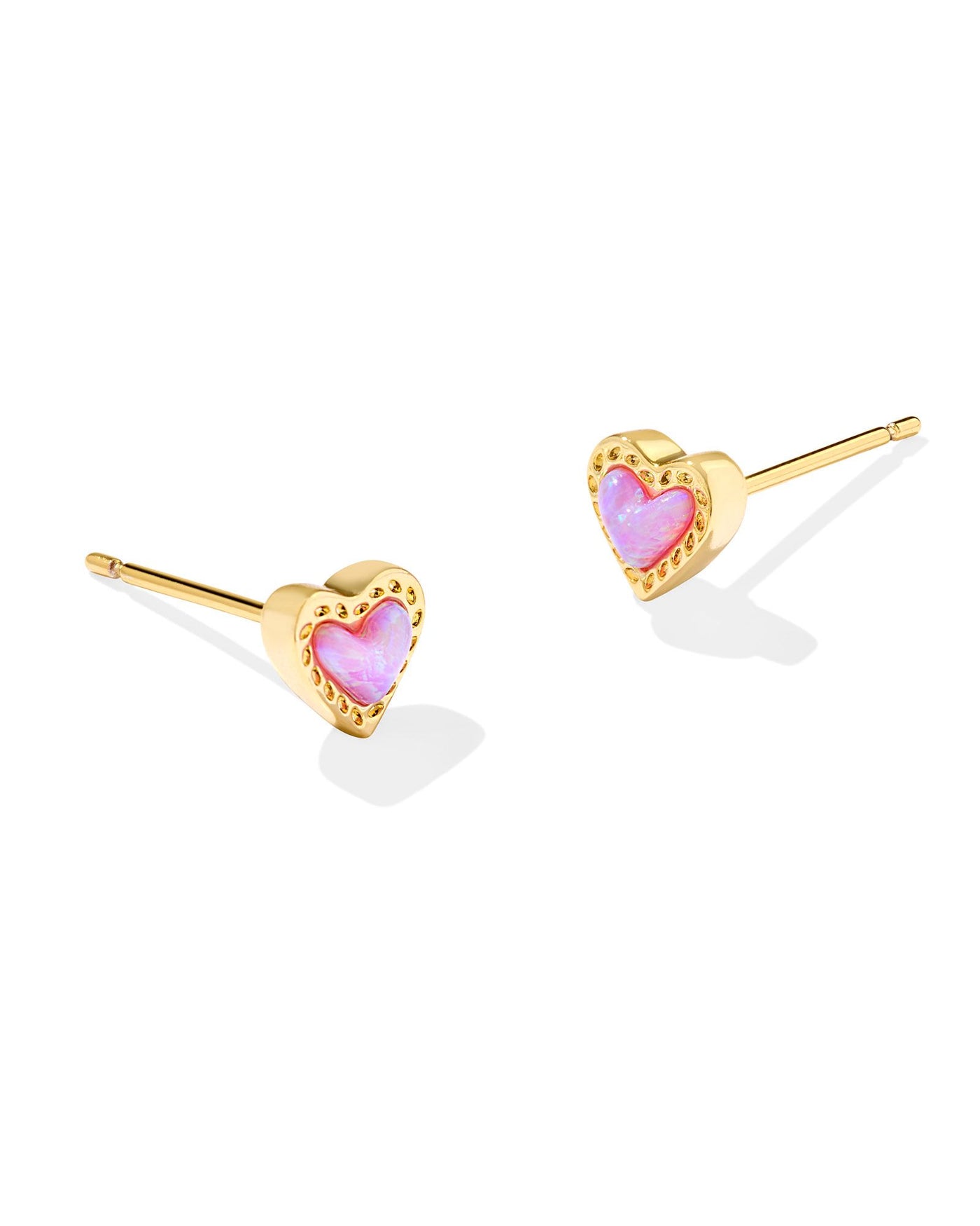 Gold studs with pink kyocera opal heart pendant, front view.