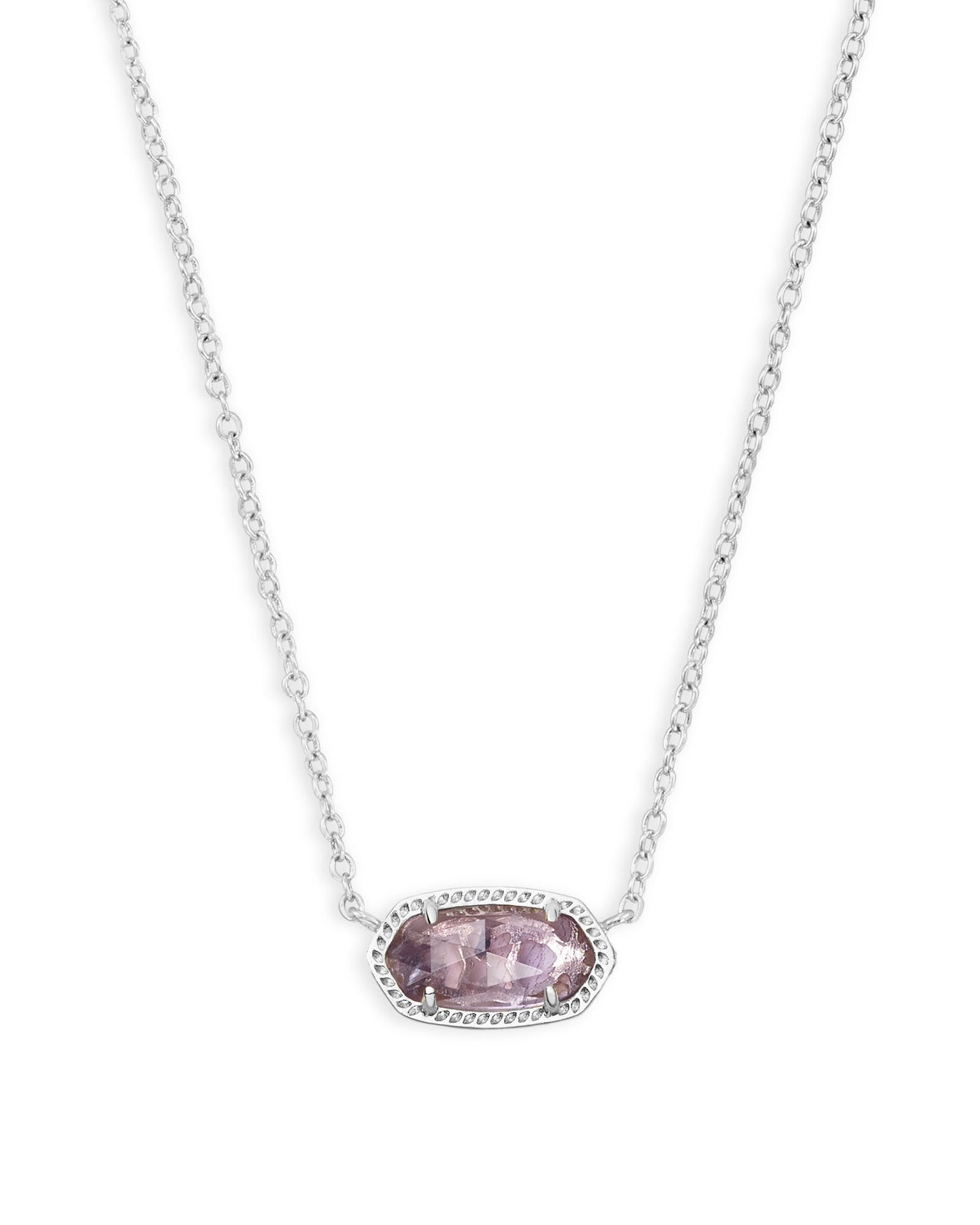 Kendra Scott Elisa Pendant Necklace Silver Purple Amethyst on white background, closeup front view