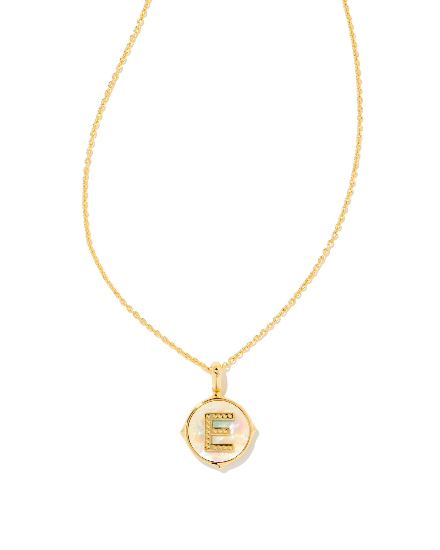 Letter E Disc Pendant Necklace Gold on white background, front view.