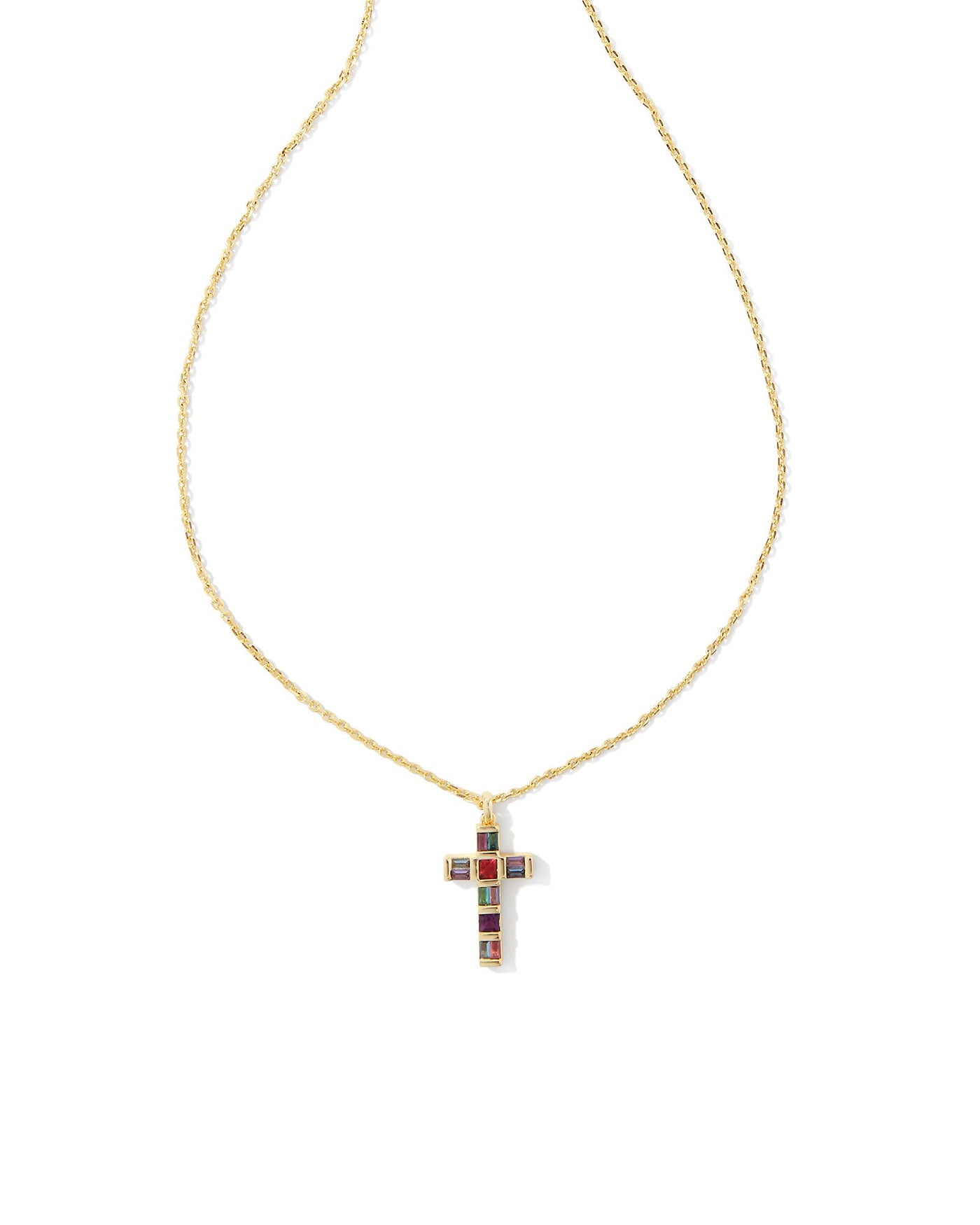 Kendra Scott Gracie Cross Necklace in Gold Multi Mix on white background, closeup front view.