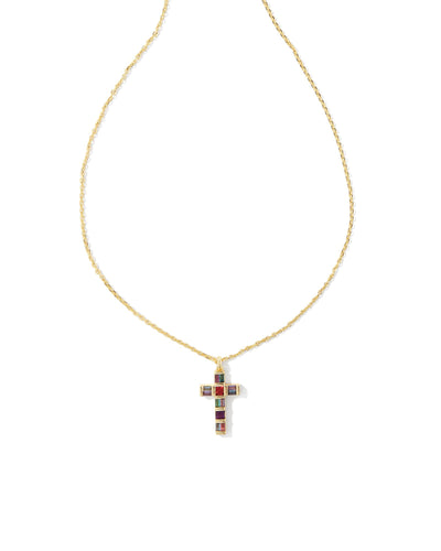 Kendra Scott Gracie Cross Necklace in Gold Multi Mix on white background, closeup front view.