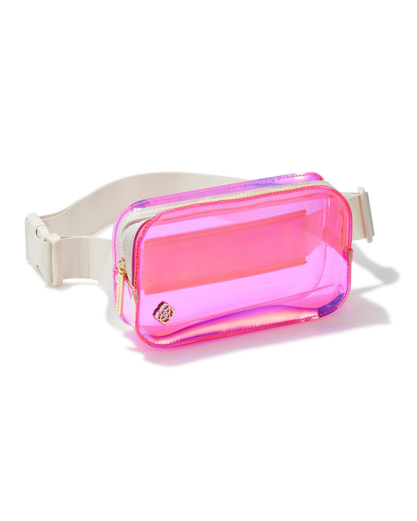 Kendra Scott Clear Pink Iridescent Belt Bag on white background.