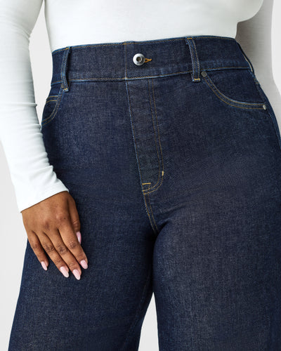 Spanx wide leg jeans closeup, front.