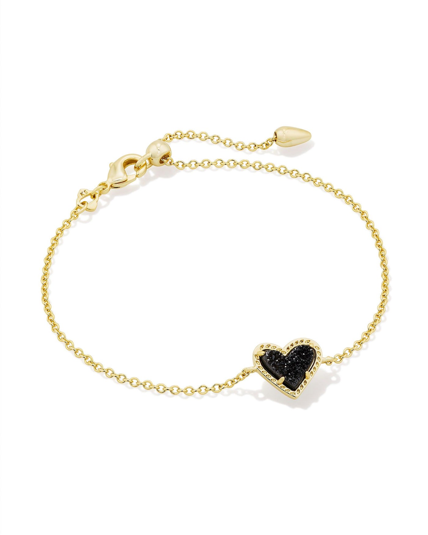 Gold delicate chain bracelet with black drusy heart pendant.