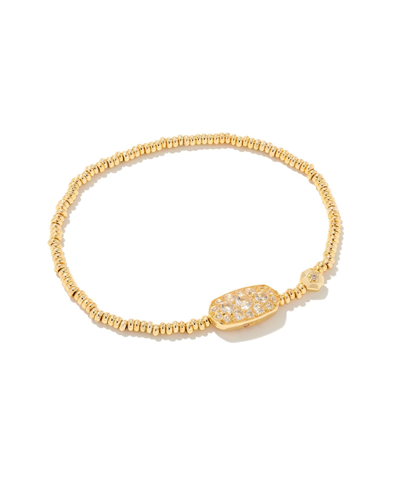 Gold beaded stretch bracelet with gold and crystal pendant.