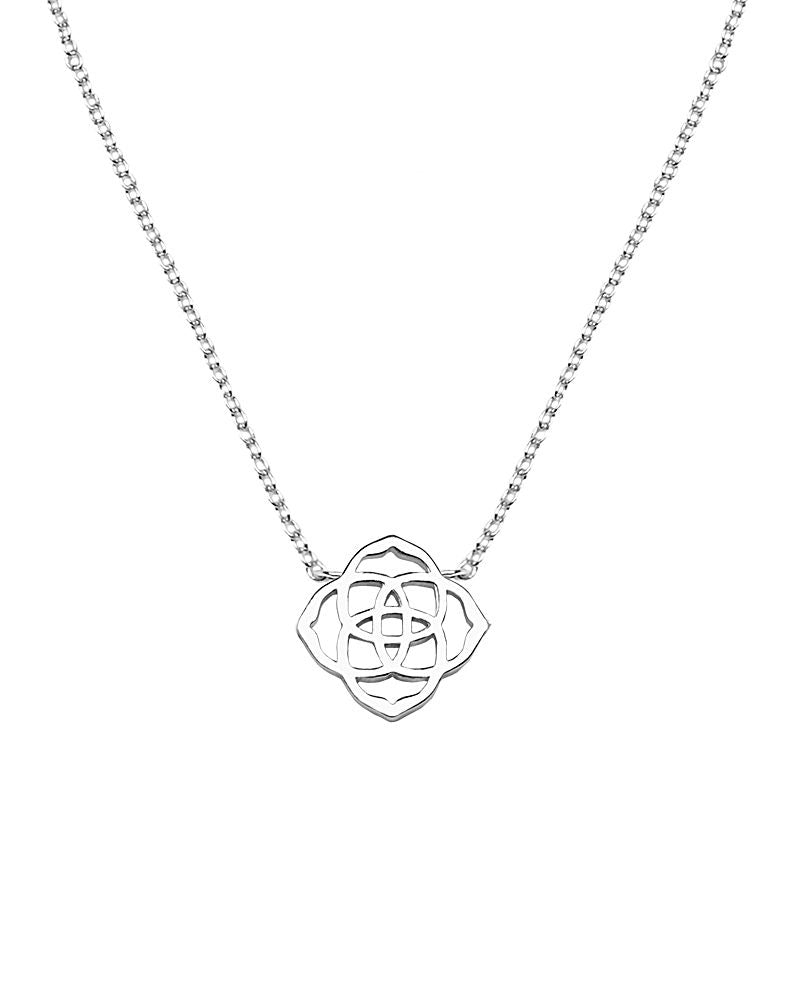 Silver Kendra Scott emblem pendant necklace, closeup.