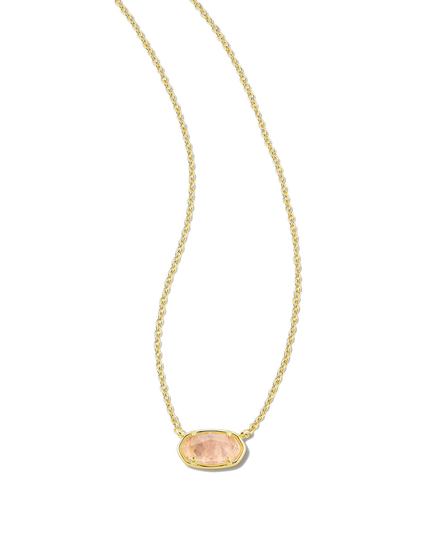 Rose quartz pendant on gold chain, closeup.