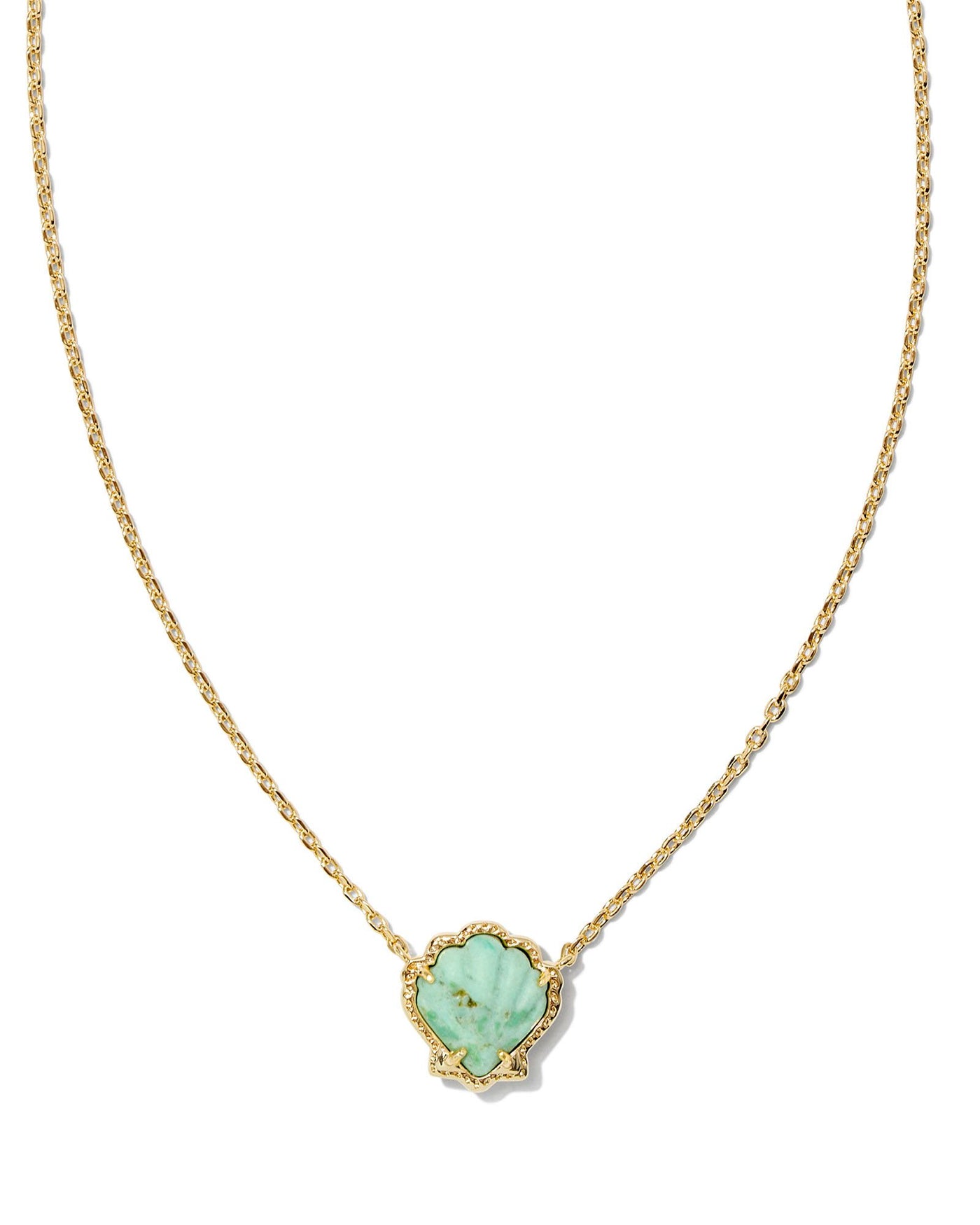 Gold necklace with sea green chrysocolla sea shell pendant, closeup.