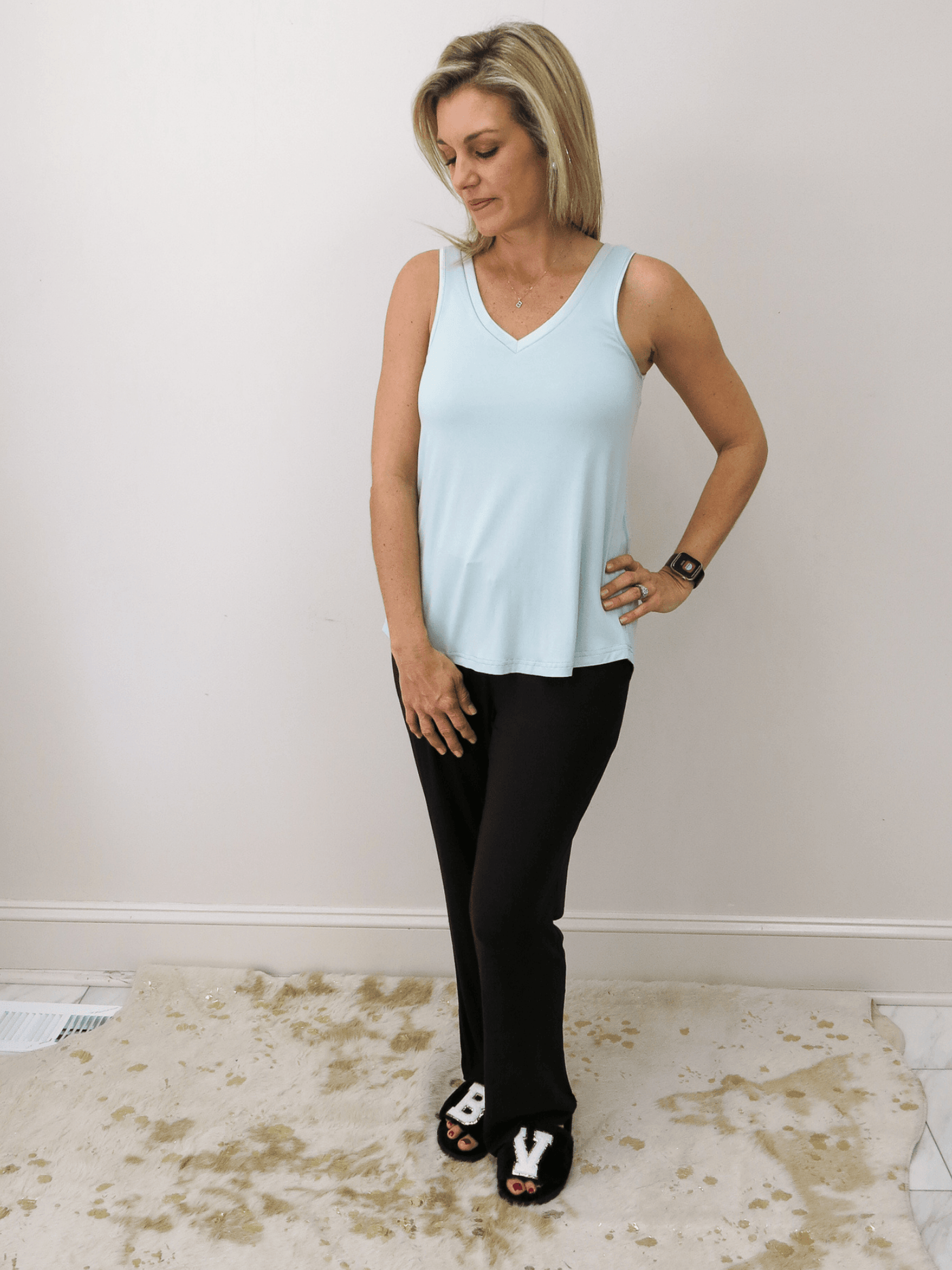 Bamboo Double-V Pajama Tank aqua.