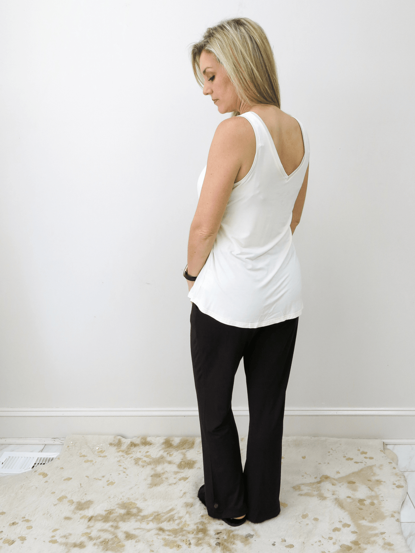 Bamboo Double-V Pajama Tank ivory back view.