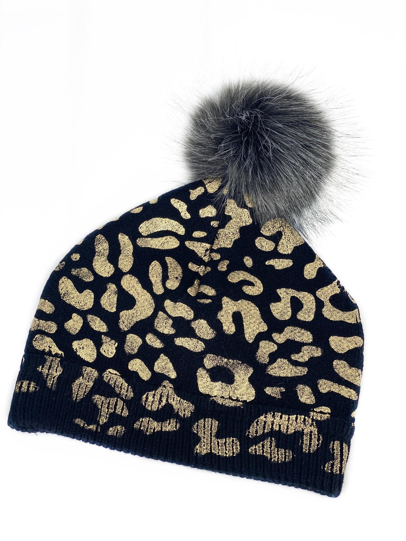 Metallic Gold Leopard beanie with pom front view.