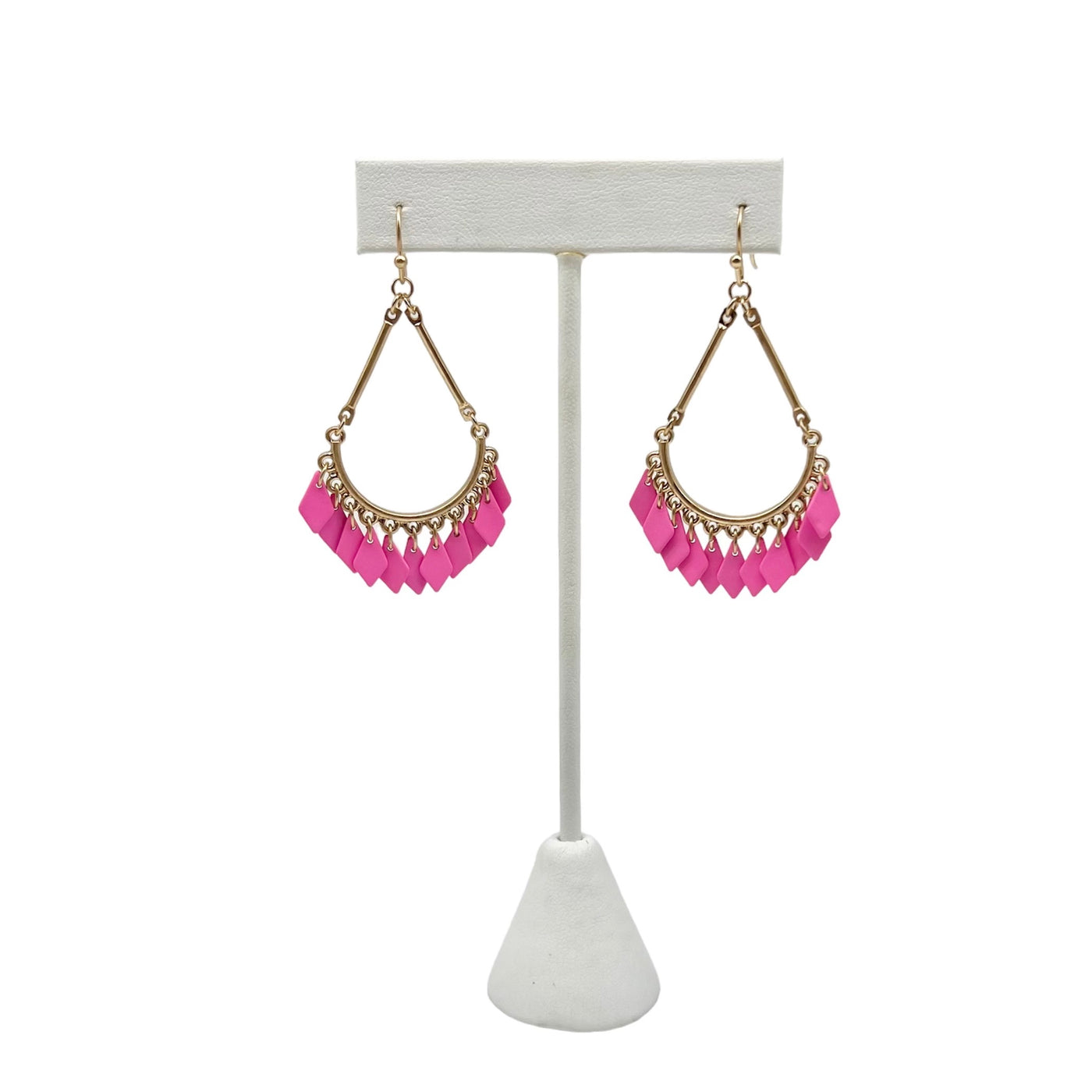 Pink Fringe Worn Gold Teardrop Earrings