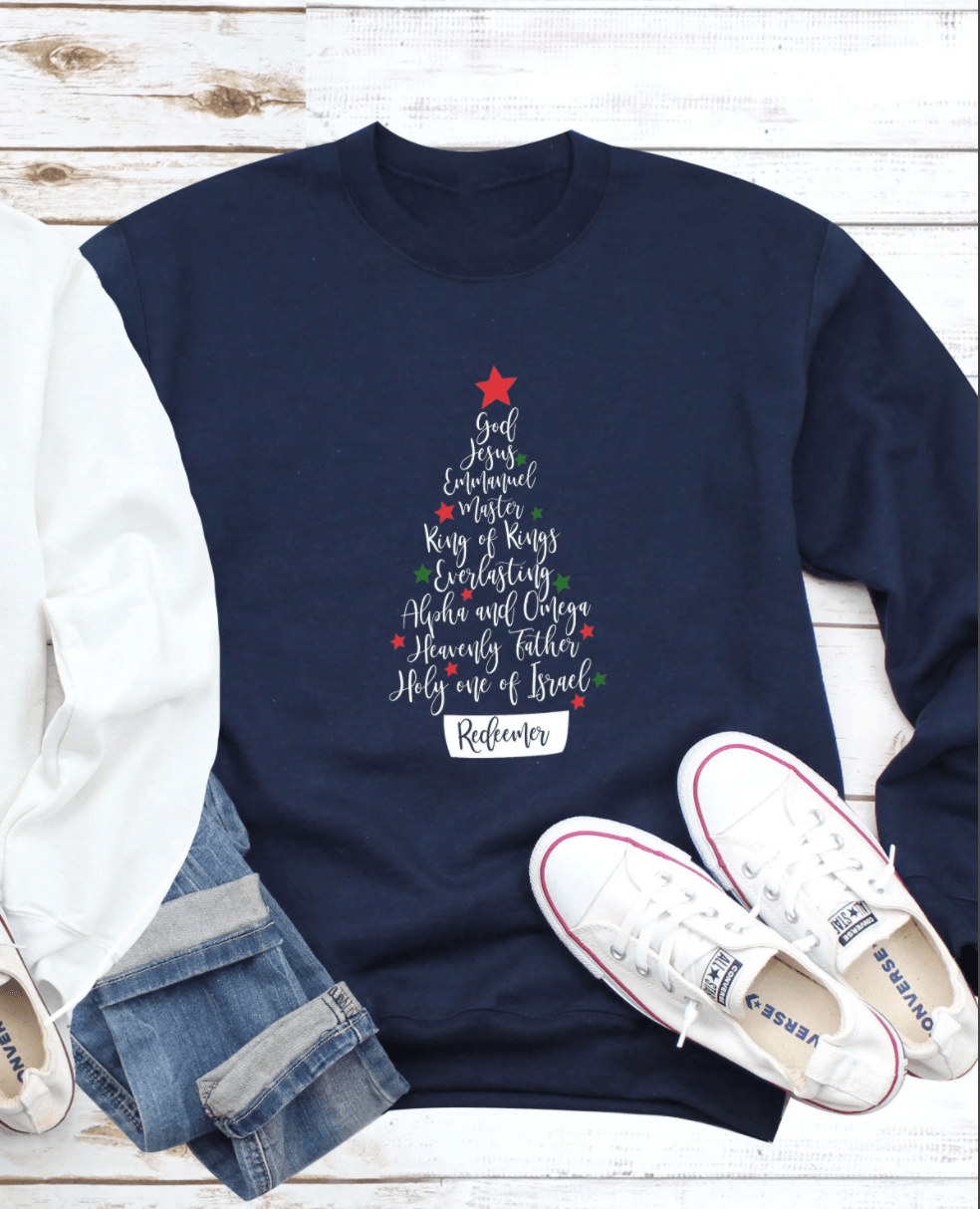 Navy sweatshirt with names of Jesus printed in vinyl