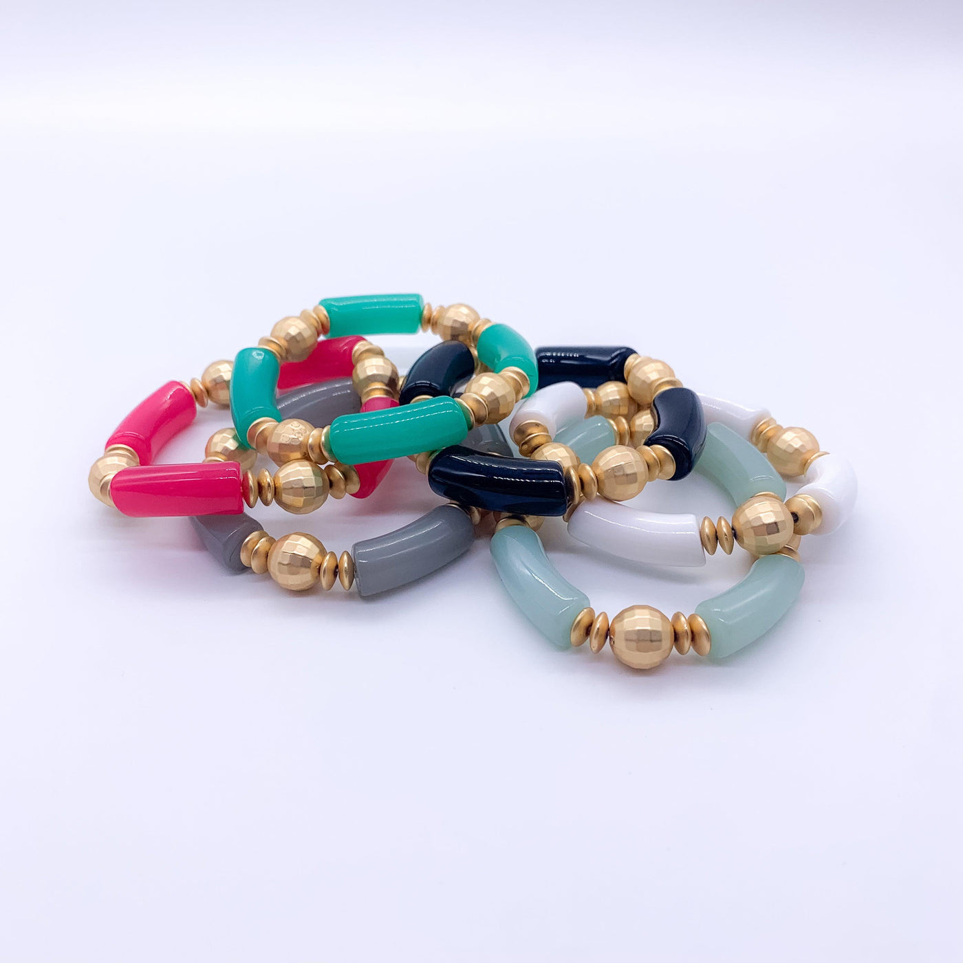 Acrylic Bamboo and Gold Bead Stretch Bracelets | Fruit of the Vine Boutique 