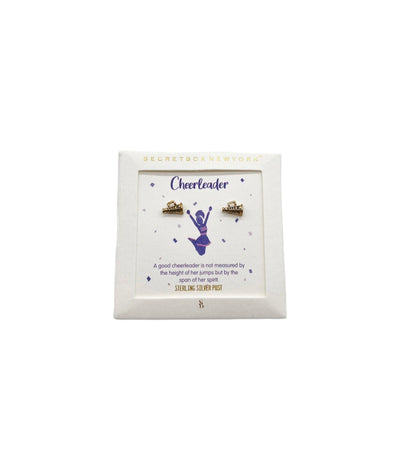 Gold megaphone stud earrings with "cheer leader" inscribed in a gift box