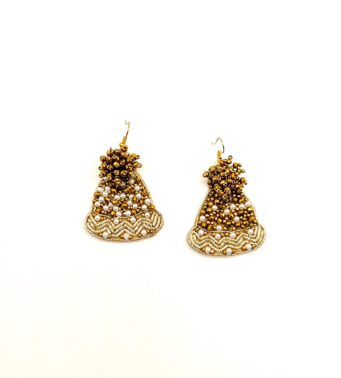 Gold and white seed bead detailed dangle earrings