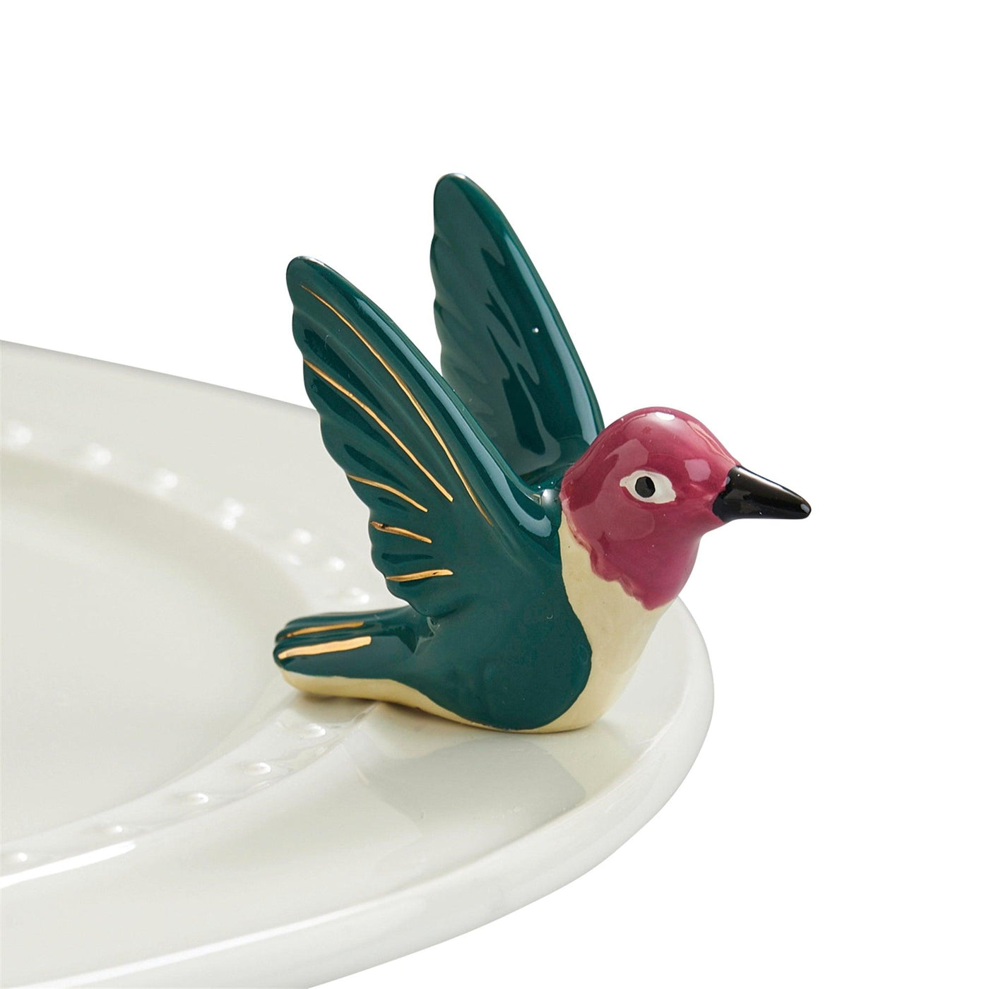 Emerald, off-white, purple and gold humming bird mini for a Nora Fleming dish