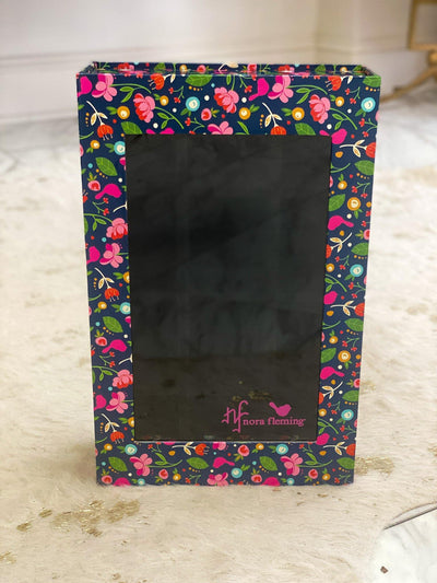 Navy and floral patterned 12 sectioned box with plexiglass window for storing Nora Fleming minis