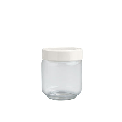 Medium clear canister with white pinstripe lid