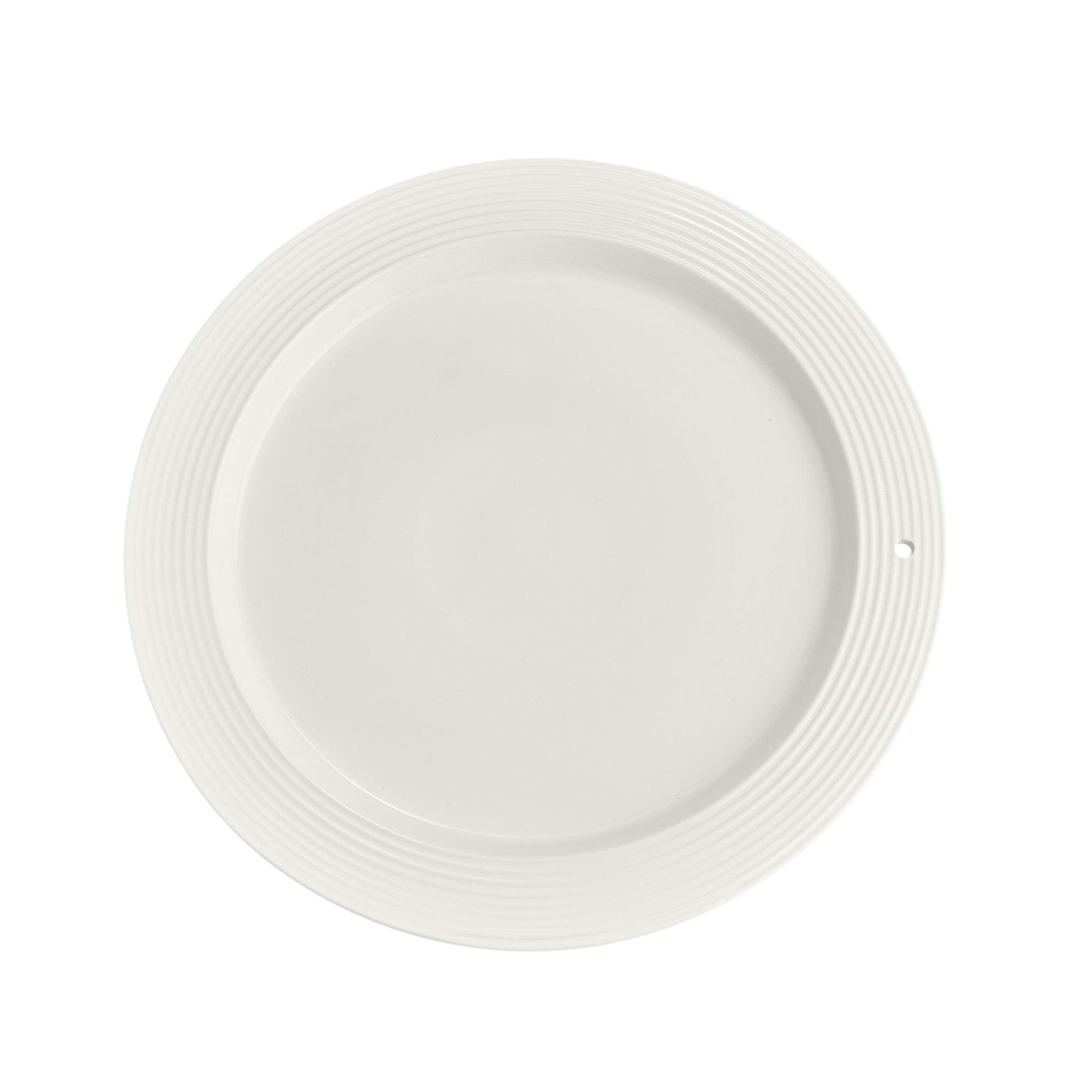 Round white serving platter with a sleek pinstripe design and a hole for a mini